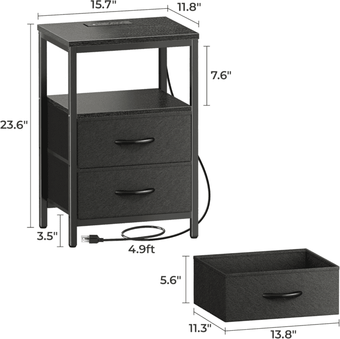 Nightstand with Charging Station, Side Table with Fabric Drawers, End Table with Open Shelf, Bedside Table with USB Ports and Outlets, Night Stand for Bedroom, Black - Image 3