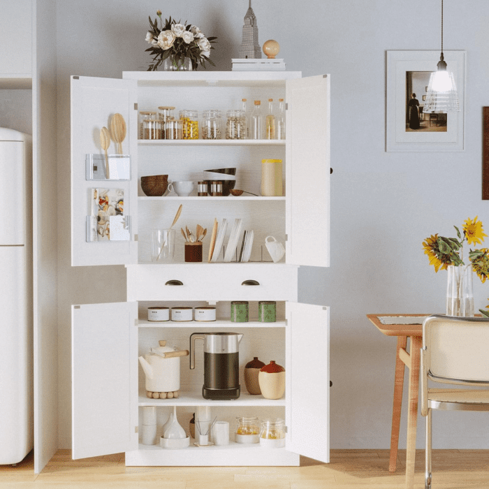 Kitchen Pantry Storage Cabinet 72.6" H, with Barn Doors, Drawer, 4 Adjustable Shelves, Freestanding Cupboard for Dining Room Living Room, Laundry, White - Image 2