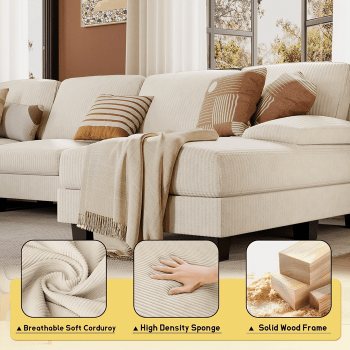 Sectional Couches for Living Room, U Shaped Couch with Chenille Fabric, 4 Seat Modern Sofa with Removable Pillows for Apartment and Small Space (Corduroy, Beige) - Image 5