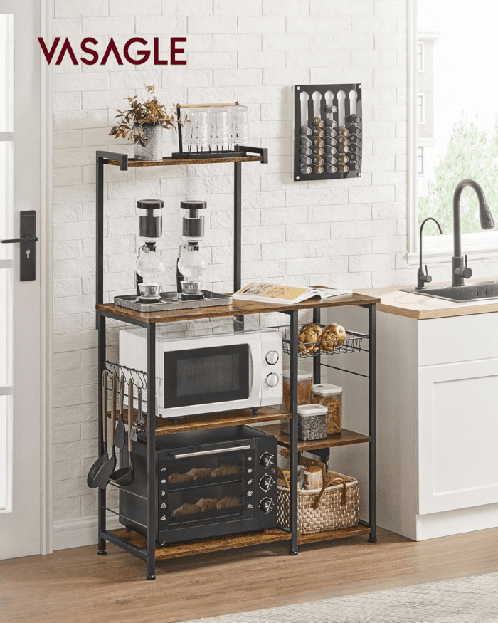 Baker'S Rack, Microwave Stand, Kitchen Storage Rack with Wire Basket, 6 Hooks, and Shelves, for Spices, Pots, and Pans, Rustic Brown and Ink Black UKKS35X - Image 2