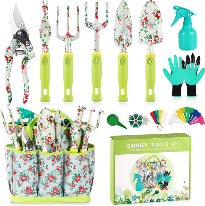 Gardening Tool Set - 13 PCS Heavy Duty Aluminum Gardening Tools Kit Floral Print Garden Tool Set with Non-Slip Rubber Handle & Durable Storage Tote Bag Gardening Supplies Gifts for Women Men