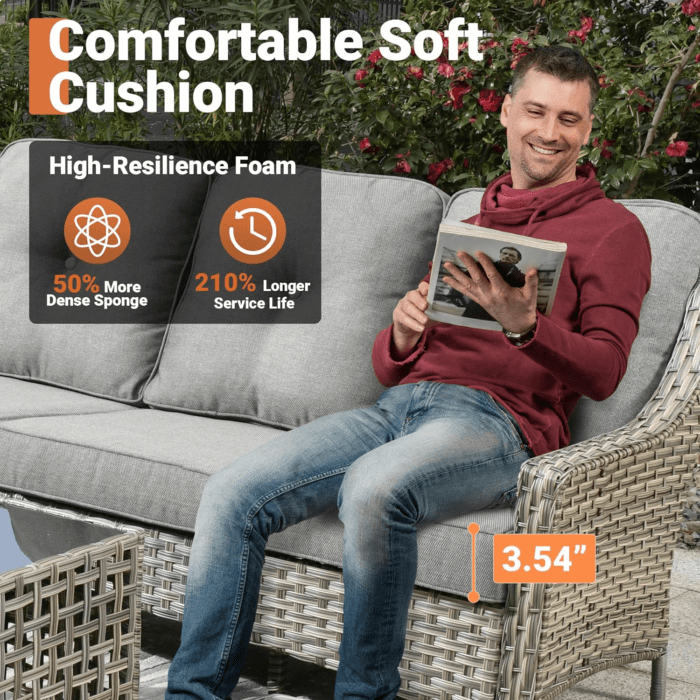 5 Piece Outdoor Patio Furniture with 3 Seat Sofa,Rattan Wicker Coversation Set with Swivel Rocking Chair,Balcony Sofa Set with Shiny Table for outside Porch Backyard Pool,Dark Grey - Image 4