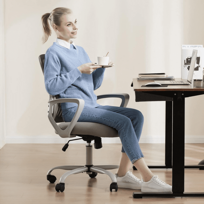 Office Computer Desk Managerial Executive Chair, Ergonomic Mid-Back Mesh Rolling Work Swivel Chairs with Wheels, Comfortable Lumbar Support, Comfy Arms for Home,Bedroom,Study,Student,Grey - Image 8