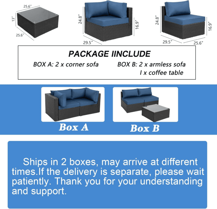 5 Pieces Outdoor Patio Sectional Sofa Couch, Black PE Wicker Furniture Sets, Patio Conversation Sets with Washable Cushions Glass Coffee Table for Garden, Poolside, Backyard, Aegean Blue - Image 2