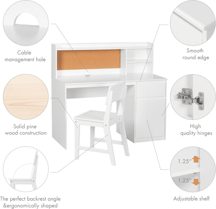 Kids Study Desk with Chair, Kids Desk and Chair Sets with Hutch and Storage Cabinet, Wooden Children Study Table, Student Writing Desk Computer Workstation for 5-12 Years Old - Image 6