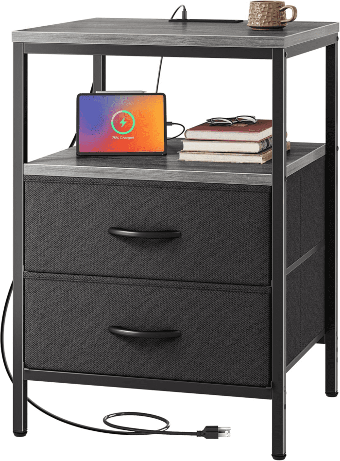 Night Stand with Charger Station, 27.7 Inch Tall Nightstand, Bed Side Table with 2 Fabric Drawers, Fabric Drawer Dresser for Bedroom, Living Room, Grey